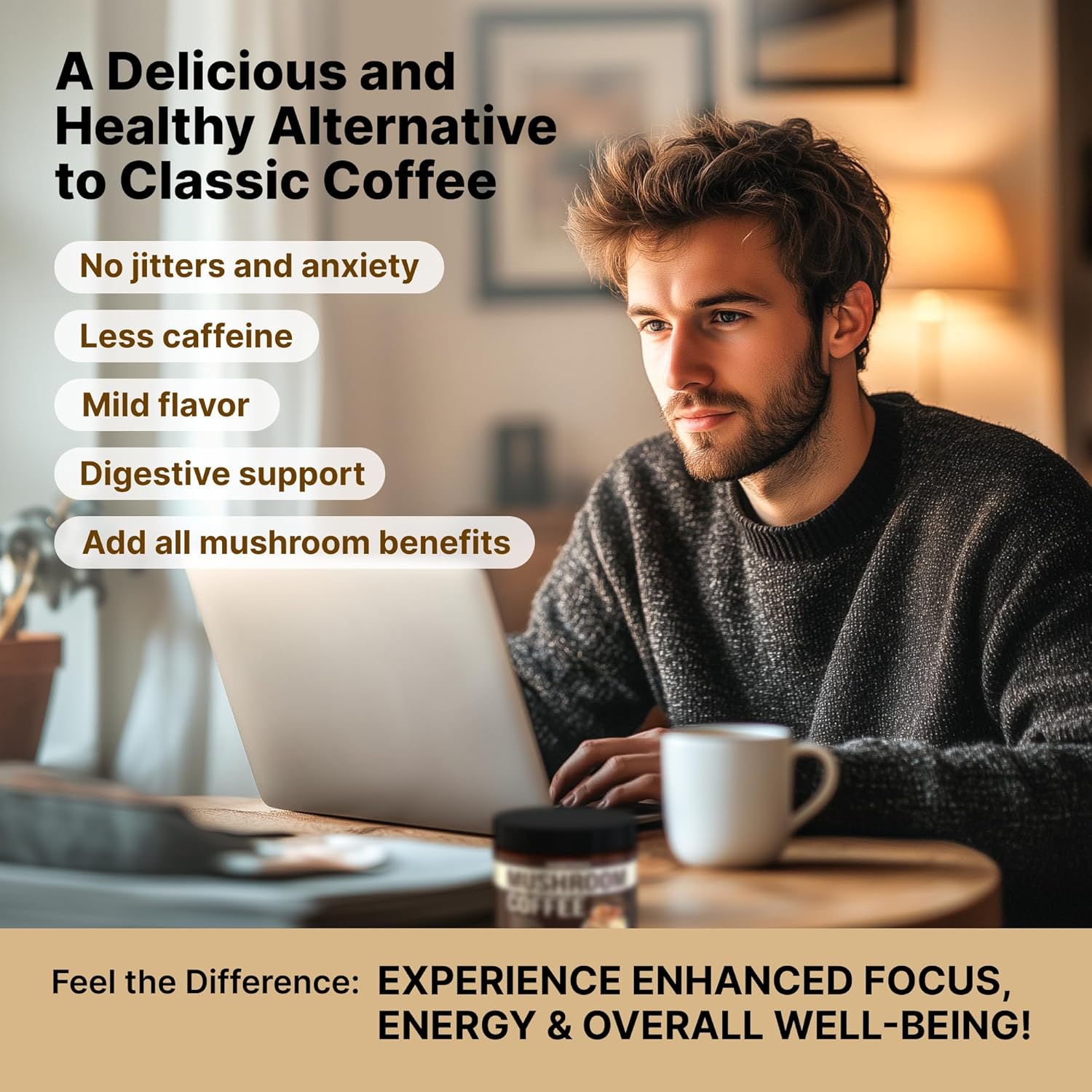 Mushroom Coffee Organic - 9 Mushroom Adaptogen Mix - Lion's Mane, Chaga, Turkey Tail, Reishi, Shiitake - Instant Mushrooms Coffee for Gut Health, Energy, Mental Clarity - 60 Servings
