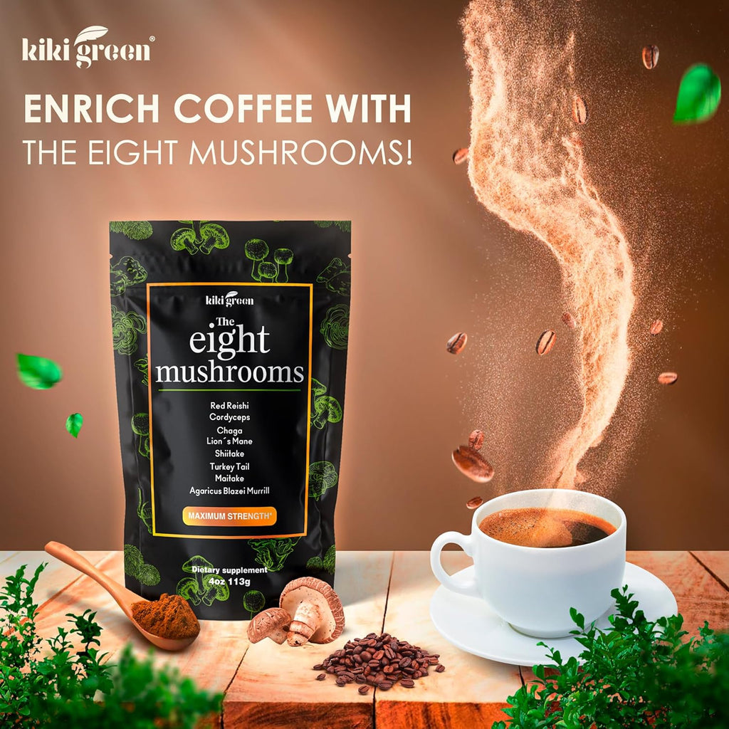 KIKI Green 8 Mushrooms Powder Extract - 4 oz Adaptogenic Complex for Coffee and Smoothies - Lion's Mane, Chaga, Reishi, Cordyceps, Maitake, Shiitake - Focus and Energy