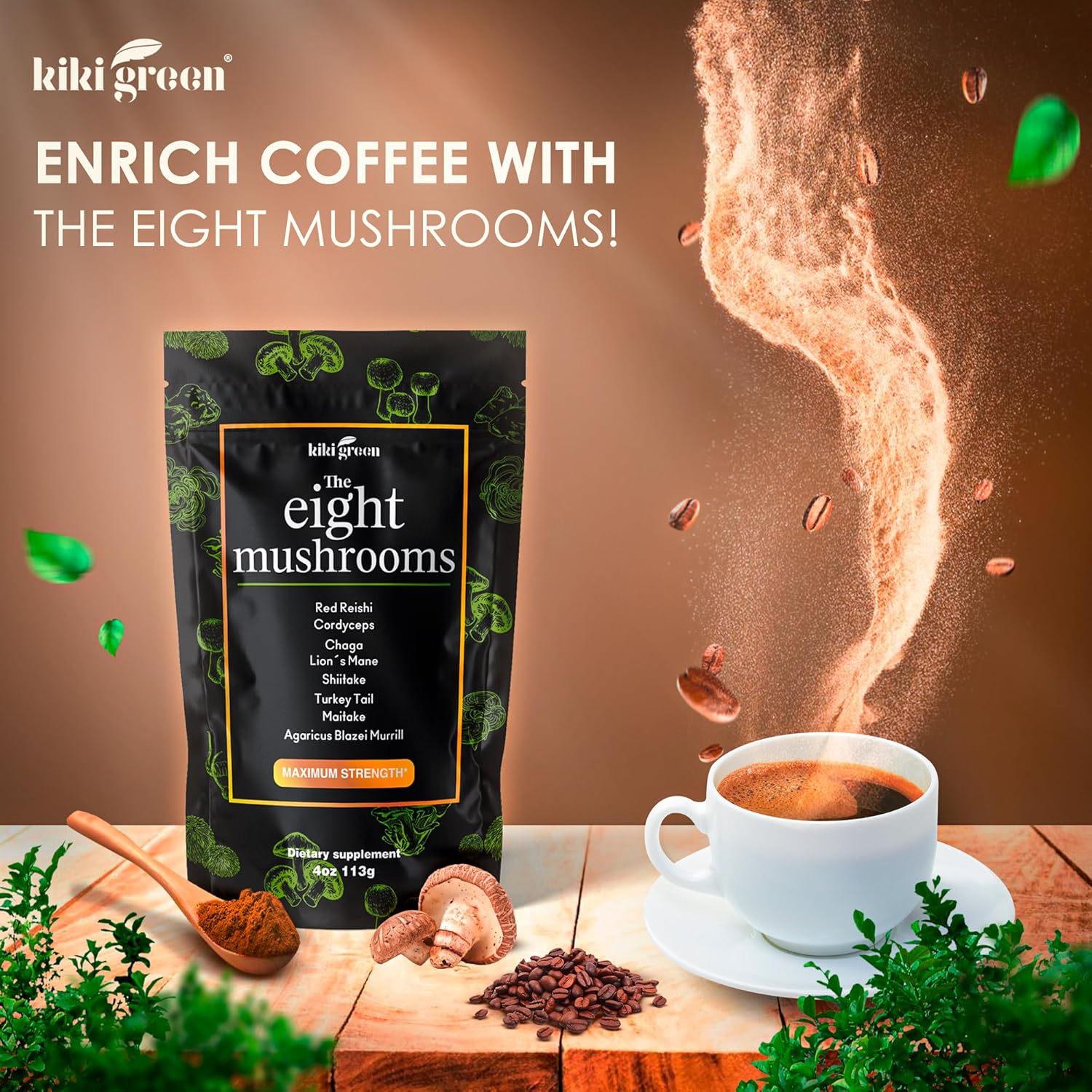 KIKI Green 8 Mushrooms Powder Extract - 4 oz Adaptogenic Complex for Coffee and Smoothies - Lion's Mane, Chaga, Reishi, Cordyceps, Maitake, Shiitake - Focus and Energy