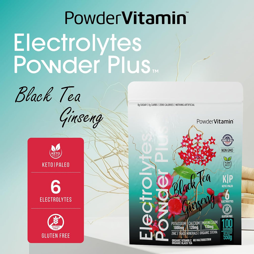 PowderVitamin Electrolytes Powder Plus (100 Servings) Black Tea Ginseng Electrolyte Powder Keto, Sugar Free, Pink Himalayan Salt,1000mg Potassium,150mg Calcium,150mg Magnesium, Hydration Powder