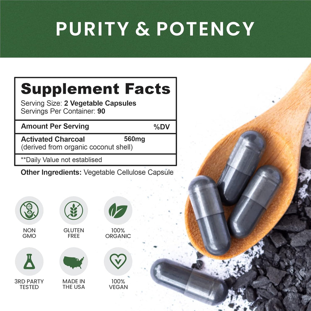 Coconut Activated Charcoal Capsules, 180 Charcoal Capsules, Teeth Whitening, Helps Constipation, Bloating, Stomach Gas, Heartburn, Pure Coconut Derived Supplement (3)