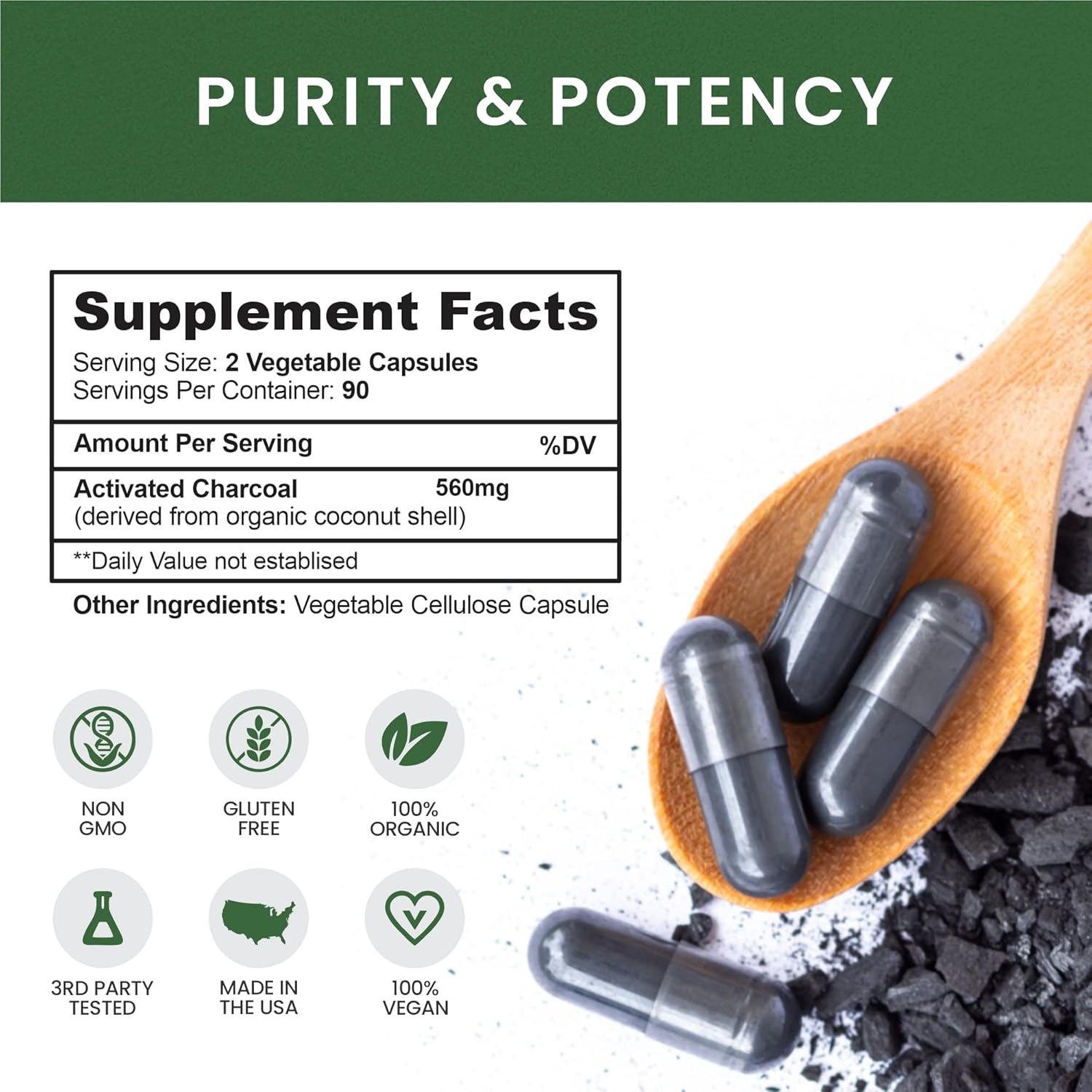 Coconut Activated Charcoal Capsules, 180 Charcoal Capsules, Teeth Whitening, Helps Constipation, Bloating, Stomach Gas, Heartburn, Pure Coconut Derived Supplement (3)