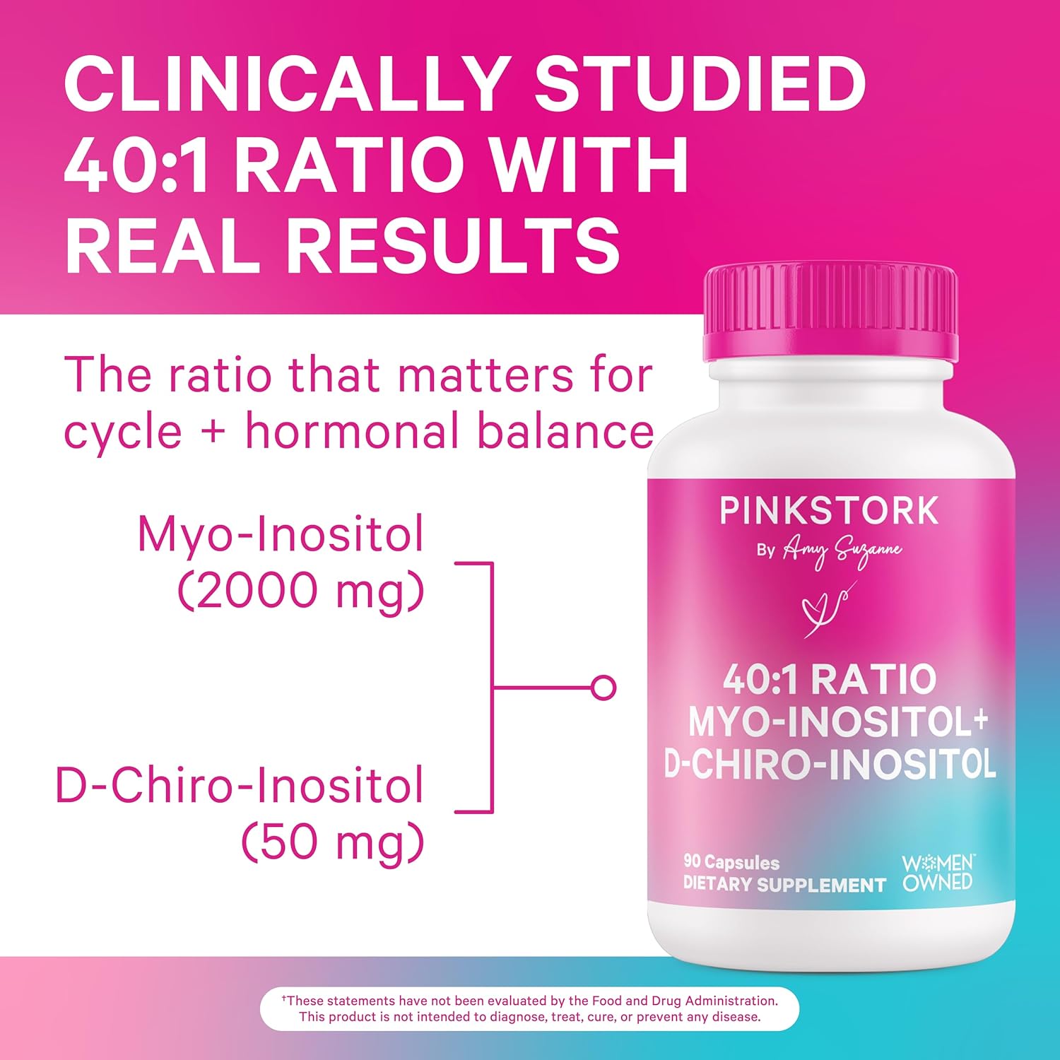 Pink Stork Inositol Supplement for Women - 40:1 Ratio Myo-Inositol & D-Chiro Inositol - Hormone Balance for Women - 2-in-1 Fertility + Ovarian Support - Health, Mood, Energy - 90 Capsules