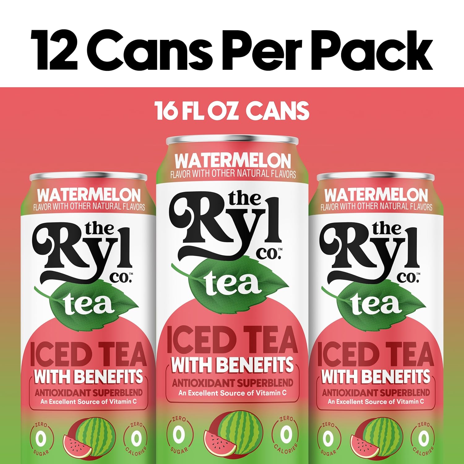 Ryl Iced Tea, Watermelon, Antioxidant Superblend, Zero Sugar, Low Carb, Zero Calorie Iced Tea, 16.0 Fl Oz (12-Pack)