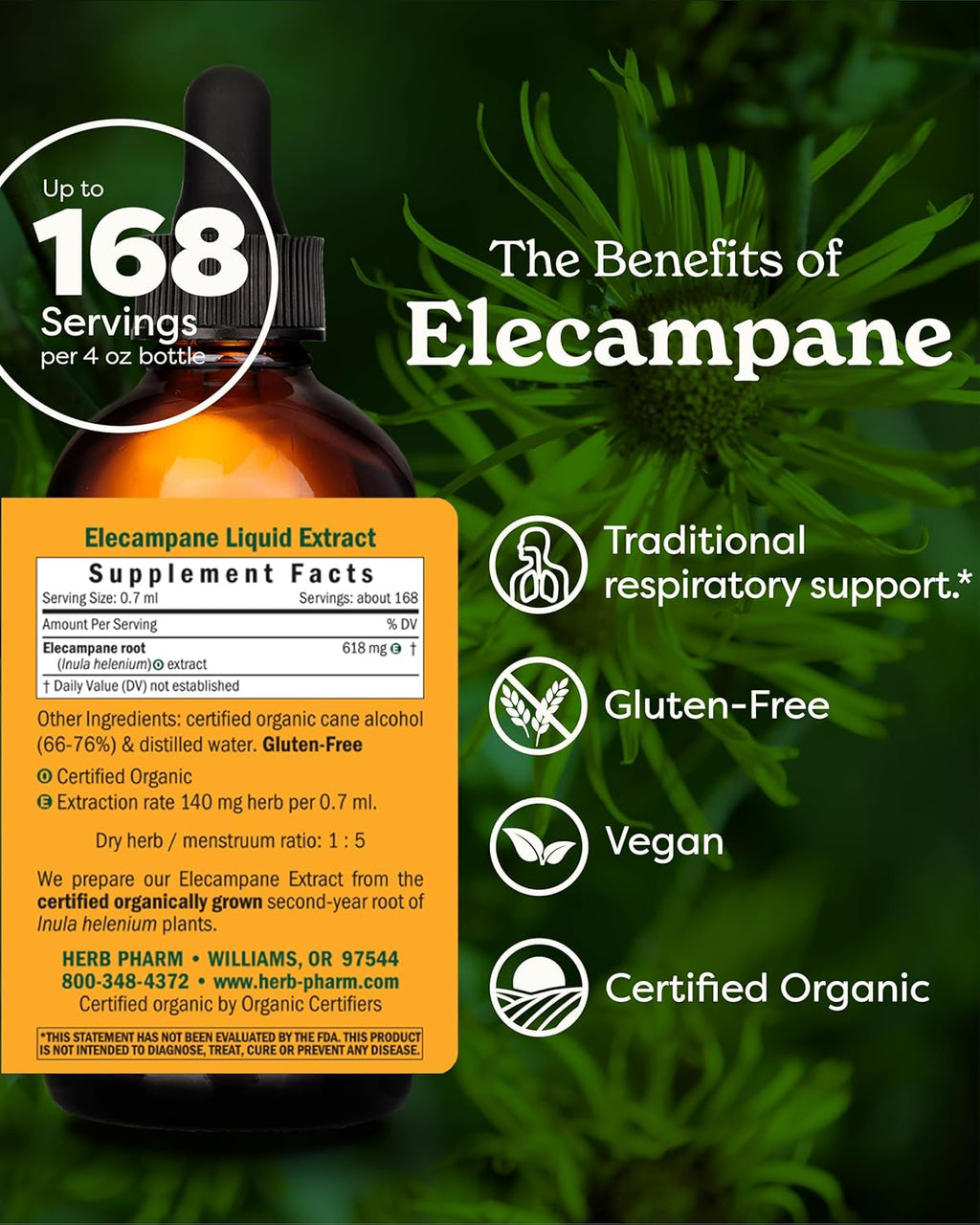 Herb Pharm Certified Organic Elecampane Liquid Extract for Respiratory System Support - 4 Ounce