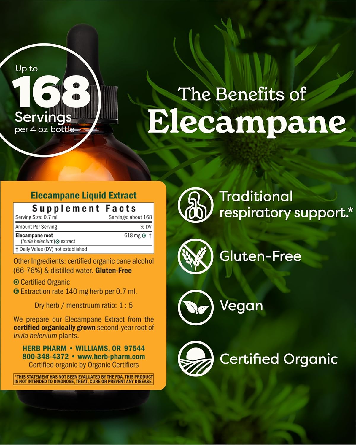 Herb Pharm Certified Organic Elecampane Liquid Extract for Respiratory System Support - 4 Ounce