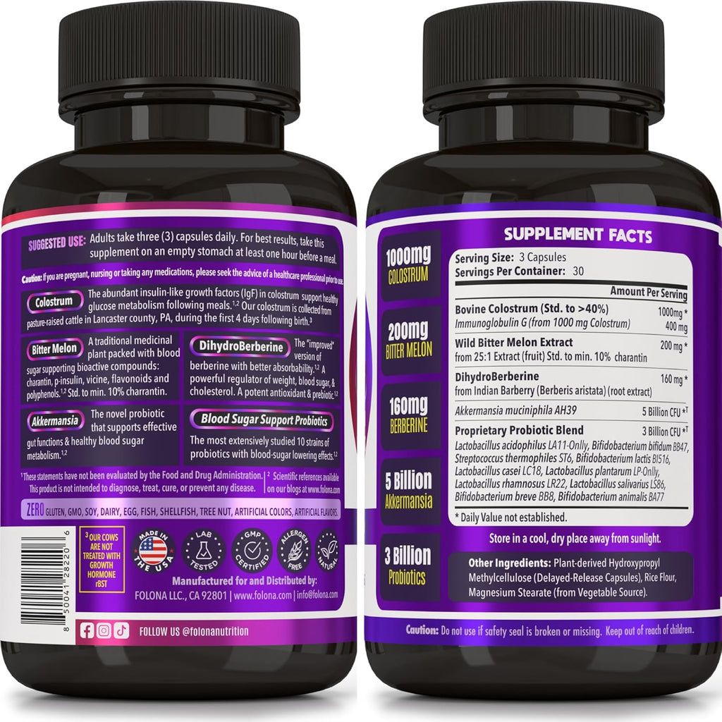 Blood Sugar Support Colostrum Supplement w/Bitter Melon, Probiotics Blend w/Akkermansia & Prebiotic Berberine | for Healthy Blood Glucose, Metabolism, Gut & Immunity | 90 Delayed Release Vegan Caps