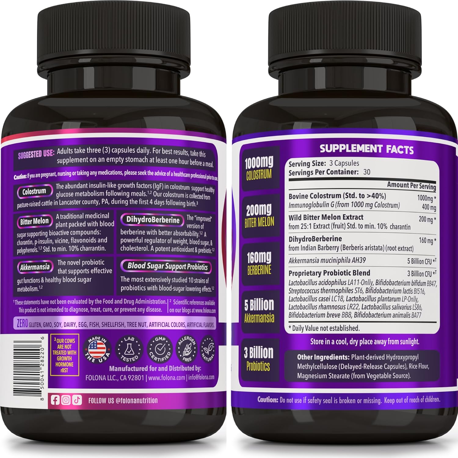 Blood Sugar Support Colostrum Supplement w/Bitter Melon, Probiotics Blend w/Akkermansia & Prebiotic Berberine | for Healthy Blood Glucose, Metabolism, Gut & Immunity | 90 Delayed Release Vegan Caps