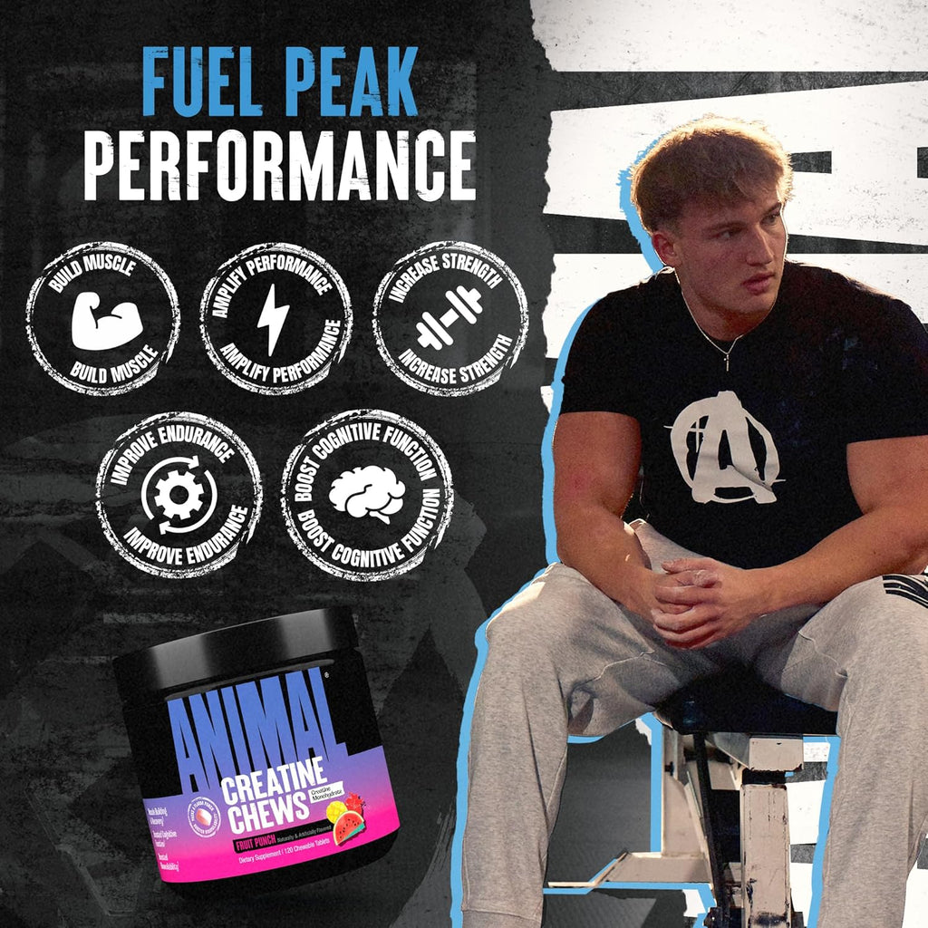 Animal Creatine Chews Tablets - Enhanced Creatine Monohydrate with AstraGin to Improve Absorption, Sea Salt for Added Pumps, Delicious and Convenient Chewable Tablets - Fruit Punch
