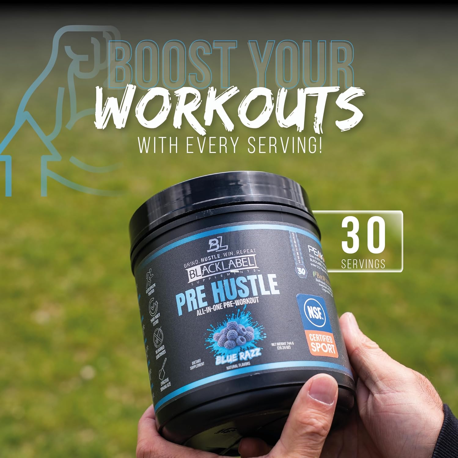 BLACKLABEL Supplements PRE Hustle V3 Pre-Workout Powder – NSF Certified for Sport – Energy, Strength & Endurance Support – Blue Razz – with Creatine & Caffeine – 30 Servings