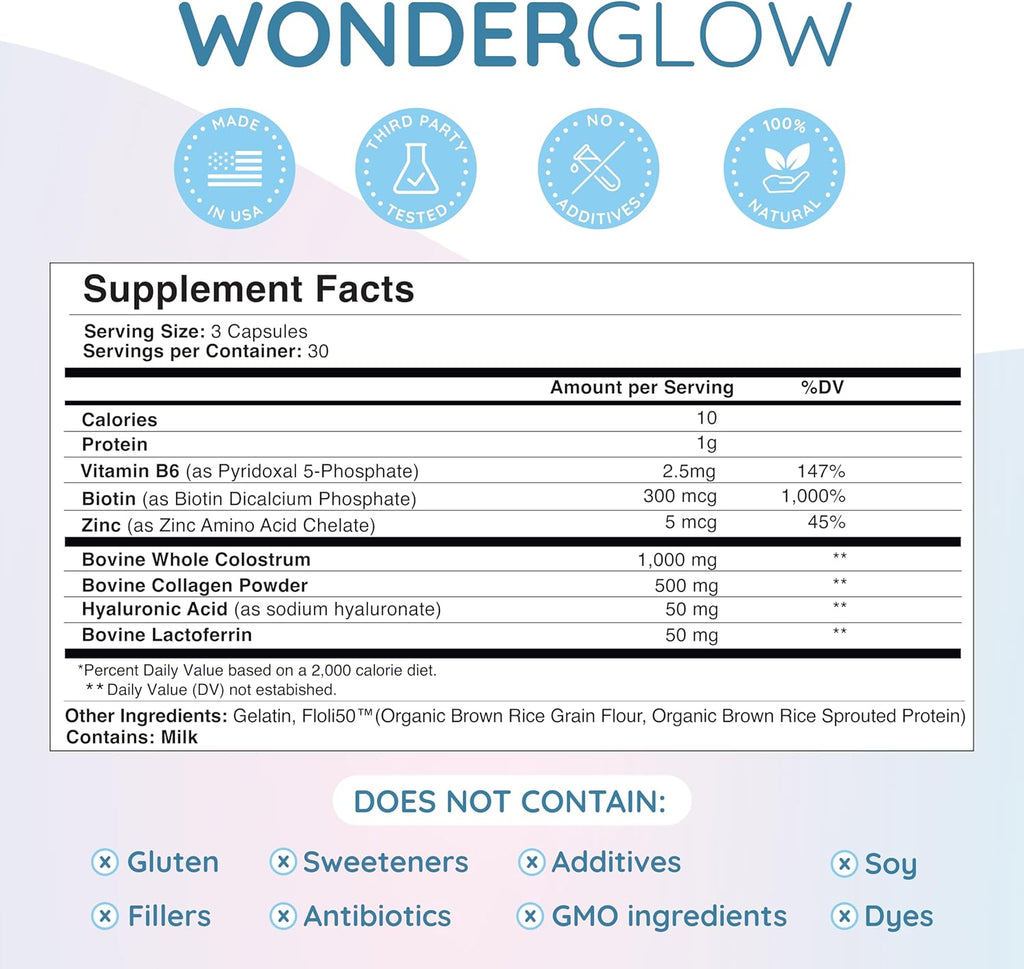 Hair Skin and Nails Vitamins w/Bovine Colostrum, Collagen, Hyaluronic Acid, Biotin, Zinc, & Lactoferrin┃Supports Faster Hair Growth, Stronger Nails and Glowing Skin (30 Servings, Capsule)