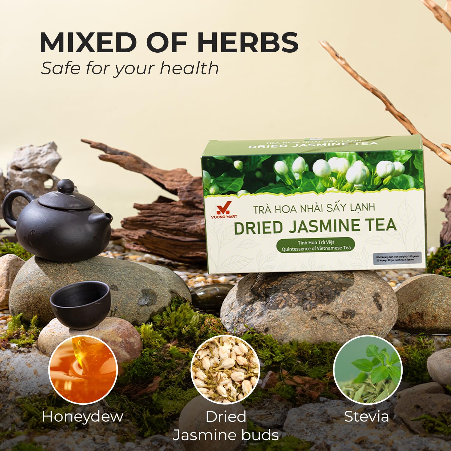VUONGMART Dried Jasmine Buds Tea, 100% Hand Pick, Stevia, Honeyydew, Heat Pump Drying, Organic Herbal Tea, 30 Tea Bags, Gluten Free, Dairy Free, Sugar Free & Natural, Energy Boost & Health Support