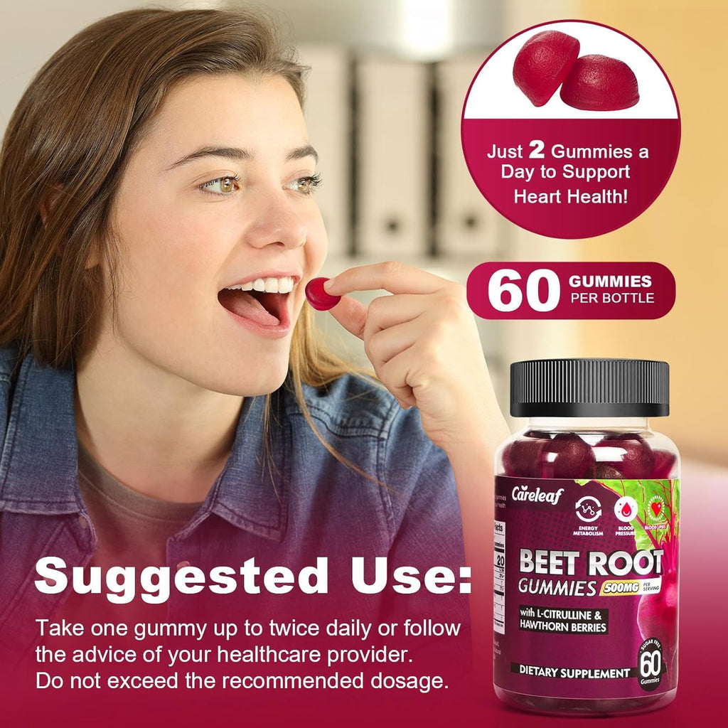 Sugar Free Vegan Beet Root Gummies for Blood Pressure, Beetroot Gummies with L-Citrulline and Hawthorn Extract, Peach Flavor Beet Chews for High Blood Pressure, 60 Count