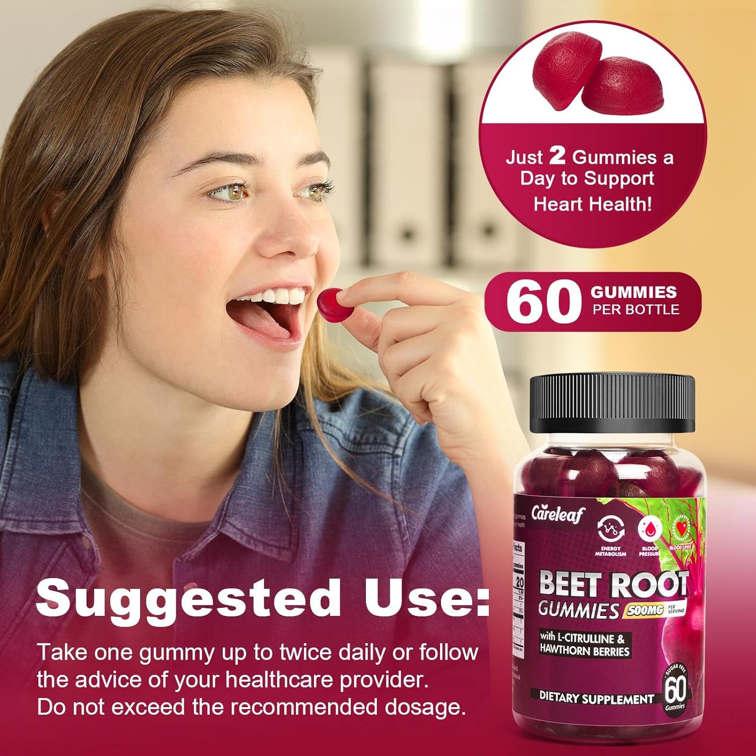 Sugar Free Vegan Beet Root Gummies for Blood Pressure, Beetroot Gummies with L-Citrulline and Hawthorn Extract, Peach Flavor Beet Chews for High Blood Pressure, 60 Count