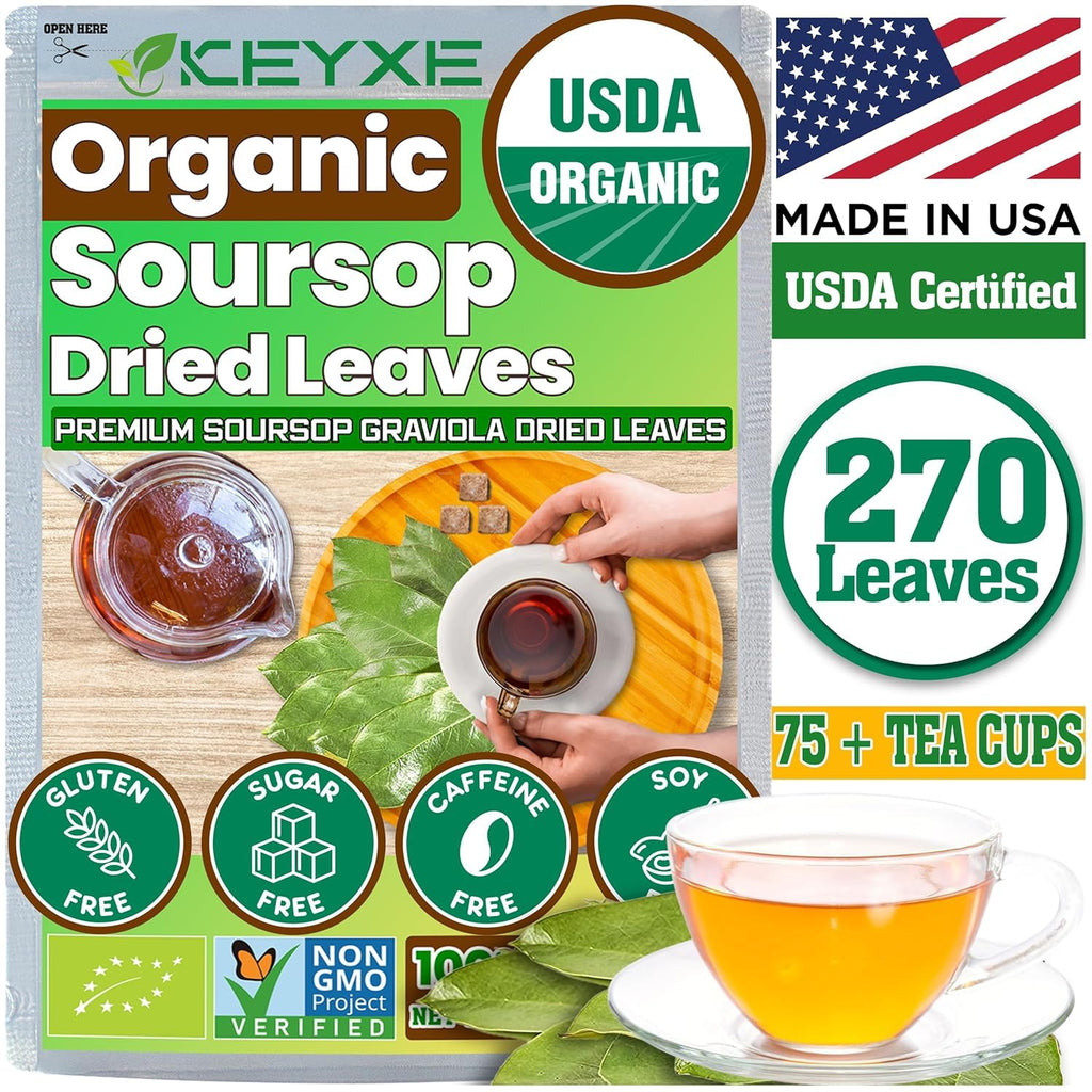 KEYXE Soursop Dried Leaves Tea USDA Organic Certified & Non GMO Verified, Caffeine Free, No Gluten, Vegan, 270-300 Whole Dried Soursop Leaves, Wildcrafted, Hoja De Guanabana
