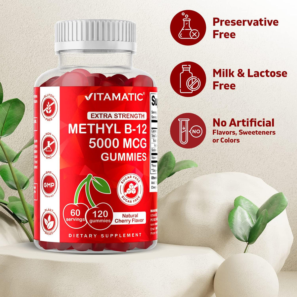 Vitamatic 2 Packs Extra Strength Vitamin B12 5000 mcg (Methyl B12) Gummies - 120 Count - Energy Metabolism Support and Nervous System Health Support, Natural Cherry Flavored
