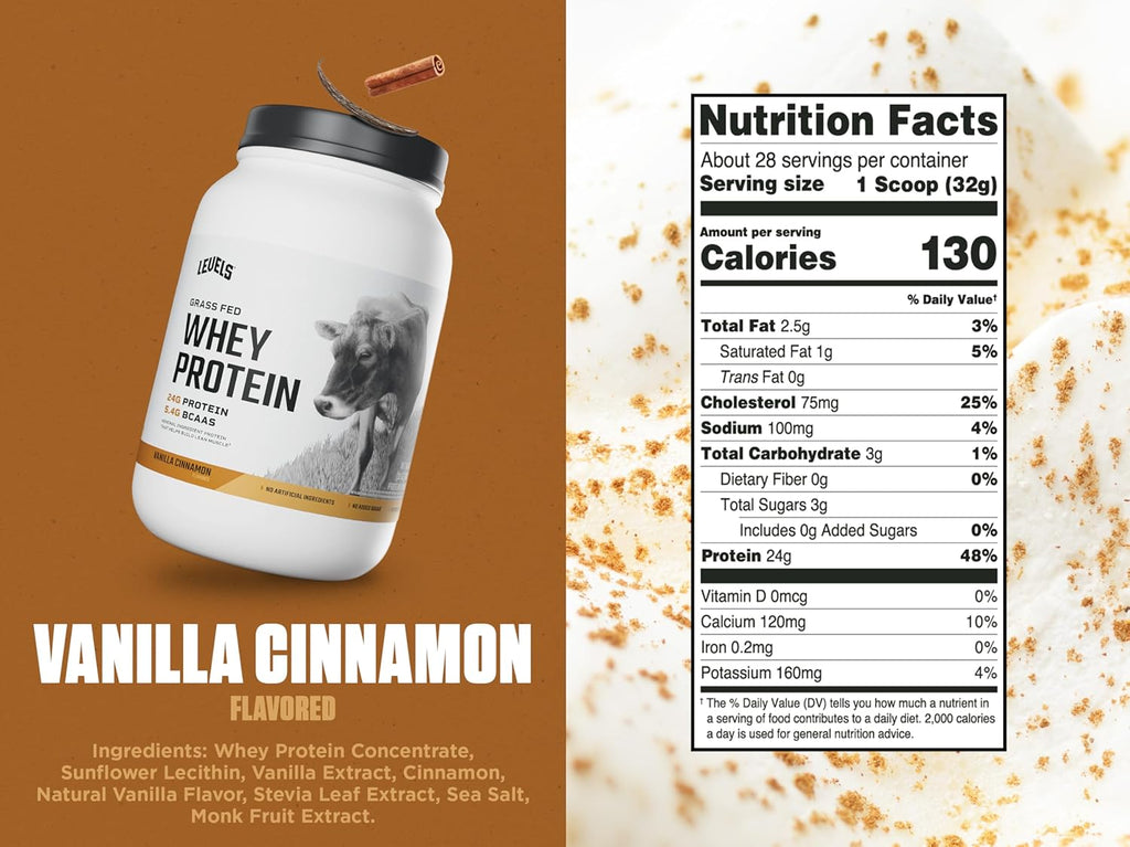 Levels Grass Fed Whey Protein Powder, No Artificials, 24G of Protein, Vanilla Cinnamon, 2LB