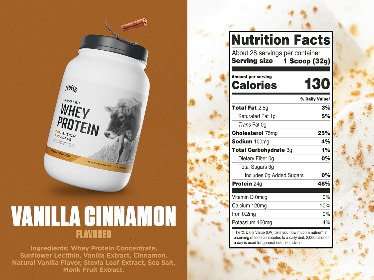 Levels Grass Fed Whey Protein Powder, No Artificials, 24G of Protein, Vanilla Cinnamon, 2LB