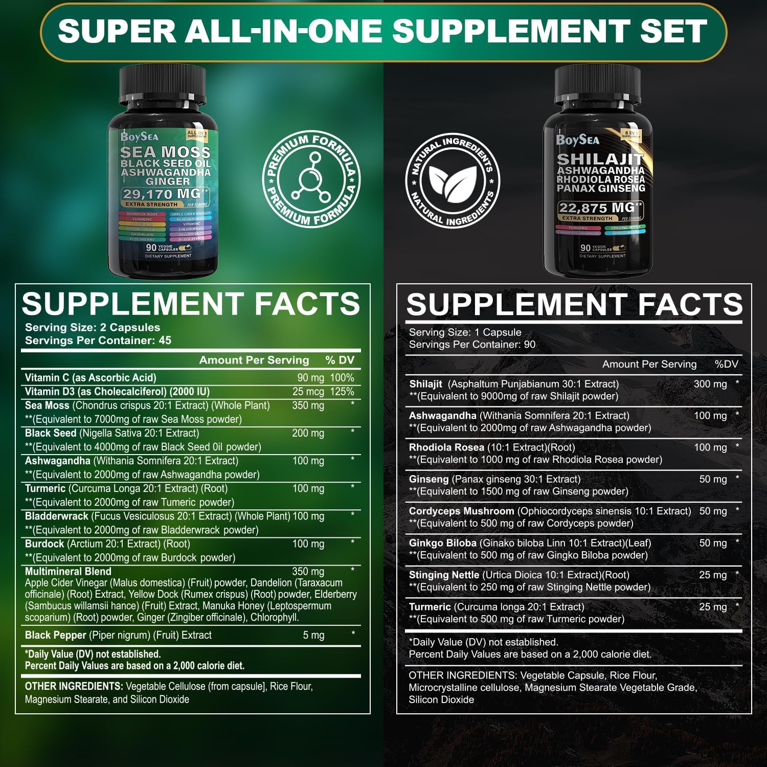 Boysea.Shilajit and Sea Moss Bundle- 90 Count - Sea Moss 7000mg, Black Seed Oil 4000mg, Ashwagandha 2000mg, Ginger & Shilajit 9000mg, Rhodiola Rosea 1000mg, All in 1 Supplements (1 Pc)