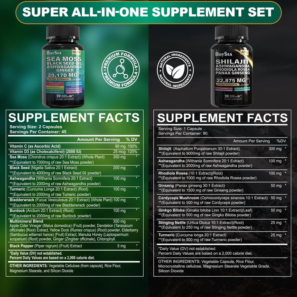 Boysea.Shilajit and Sea Moss Bundle - 90 Count - Sea Moss 7000mg, Black Seed Oil 4000mg, Ashwagandha 2000mg, Ginger & Shilajit 9000mg, Rhodiola Rosea 1000mg, All in 1 Supplements (3 Pcs)