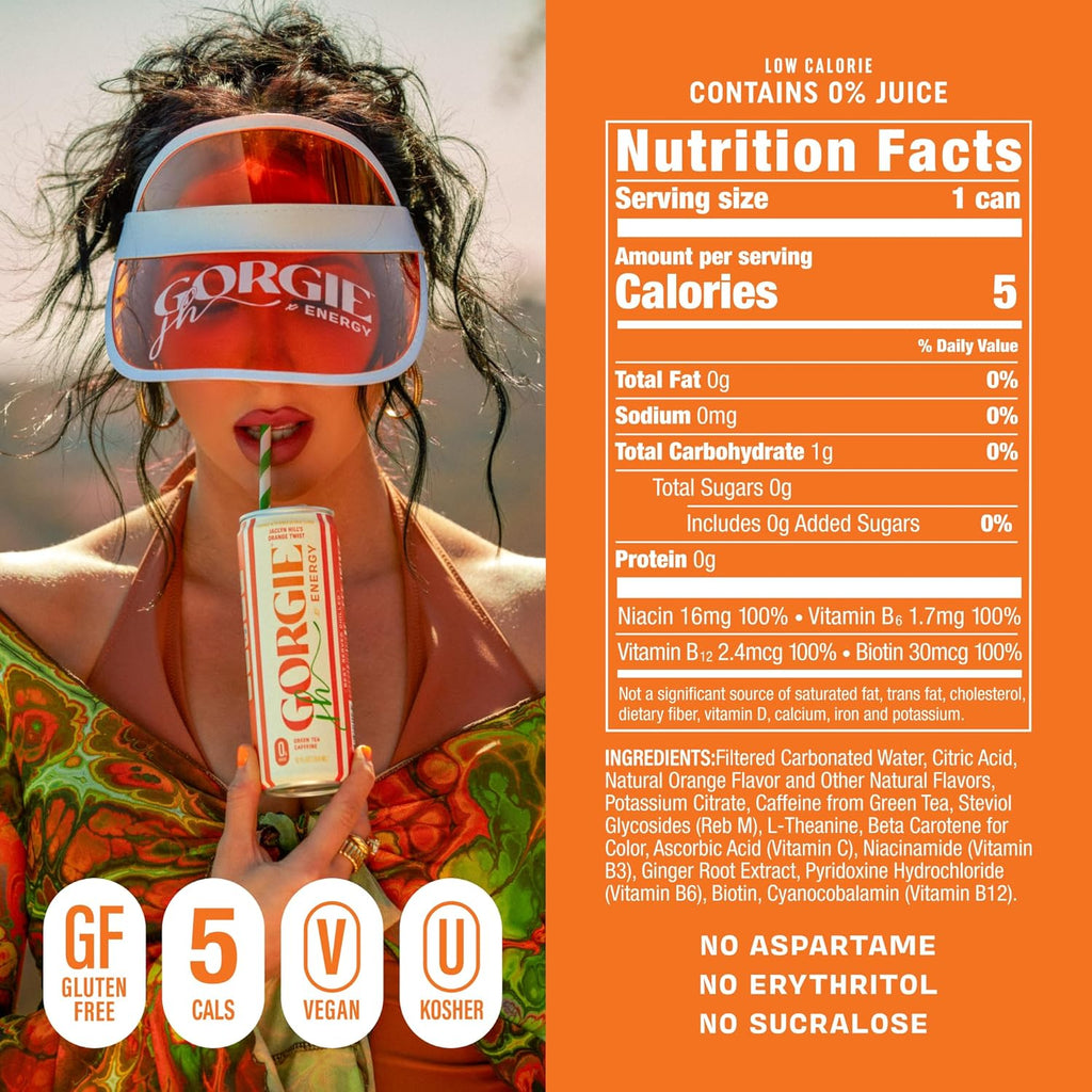 GORGIE Sugar Free Natural Energy Drinks, Jaclyn Hill Orange Twist (12 Pack) Healthy Sparkling Energy Drinks Natural Coffee Replacement with Green Tea Caffeine and Biotin, Vegan, Low Calorie