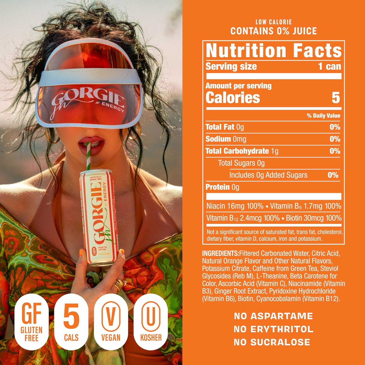GORGIE Sugar Free Natural Energy Drinks, Jaclyn Hill Orange Twist (12 Pack) Healthy Sparkling Energy Drinks Natural Coffee Replacement with Green Tea Caffeine and Biotin, Vegan, Low Calorie