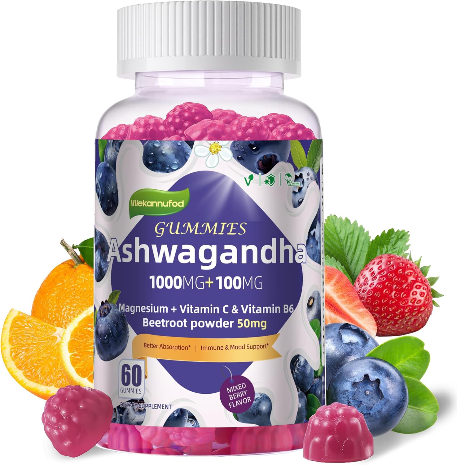 Ashwagandha Gummies 1000mg & Vitamin D3 Gummies 60 Count Organic Root Extract Stress Relief Sleep Support(Non-GMO, Sugar Free & Gluten Free)