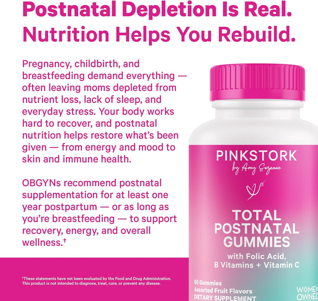 Pink Stork Total Postnatal Vitamin Gummies - Multivitamin for Postpartum Recovery and Lactation Support - Folic Acid, B6, & Vitamin C - Postpartum Essentials - 60 Gummy Vitamins