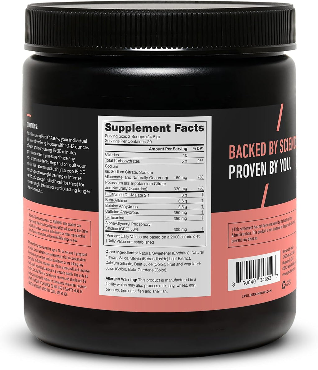 LEGION Pulse Pre Workout - All Natural Nitric Oxide Preworkout Drink to Boost Energy, Creatine Free, Naturally Sweetened, Beta Alanine, Citrulline, Alpha GPC (Rainbow Sherbet)