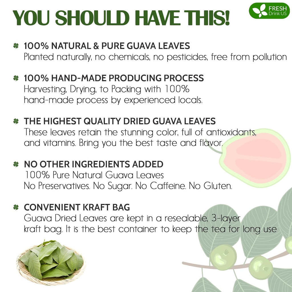 FreshDrinkUS, Premium 50+ Natural Guava Leaves, Whole Dried Leaves, 100% Pure, Natural Guava Loose Leaf Herbal Tea, Non GMO, No Additives, No Caffeine, Vegan