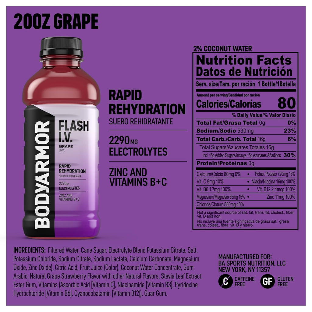BODYARMOR Flash I.V. Electrolyte Beverage, Grape, Hydration Drink with Coconut Water For Rapid Rehydration, Post Workout Recovery, 20 Fl Oz (Pack of 12)