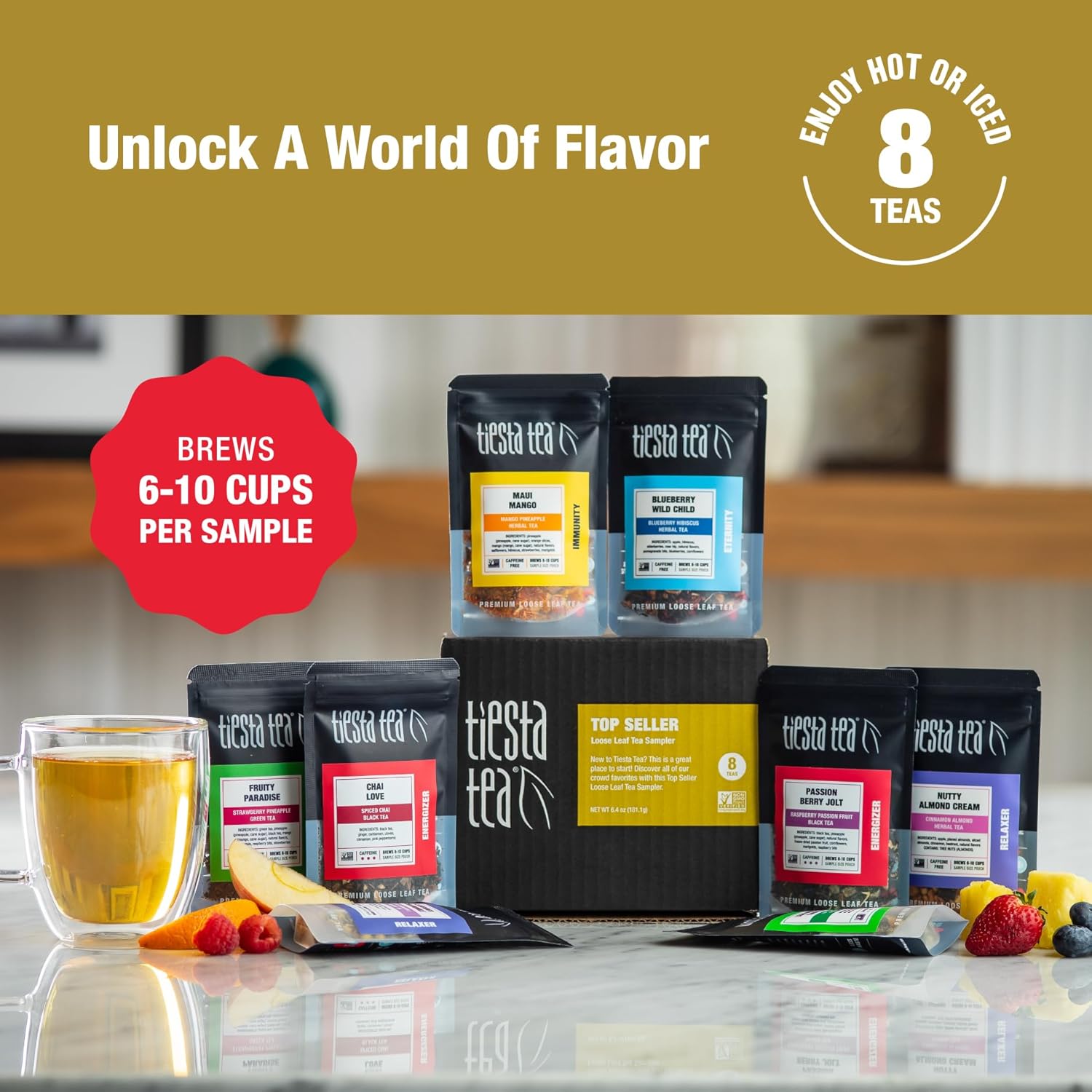 Tiesta Tea - Favorites Starter Sampler Dry Flight Set, Loose Leaf, High to No Caffeine, Makes Hot & Iced, Assorted Tea Sets with Herbal, Black, Fruit Blends & More, 8 Resealable Sample Pouches