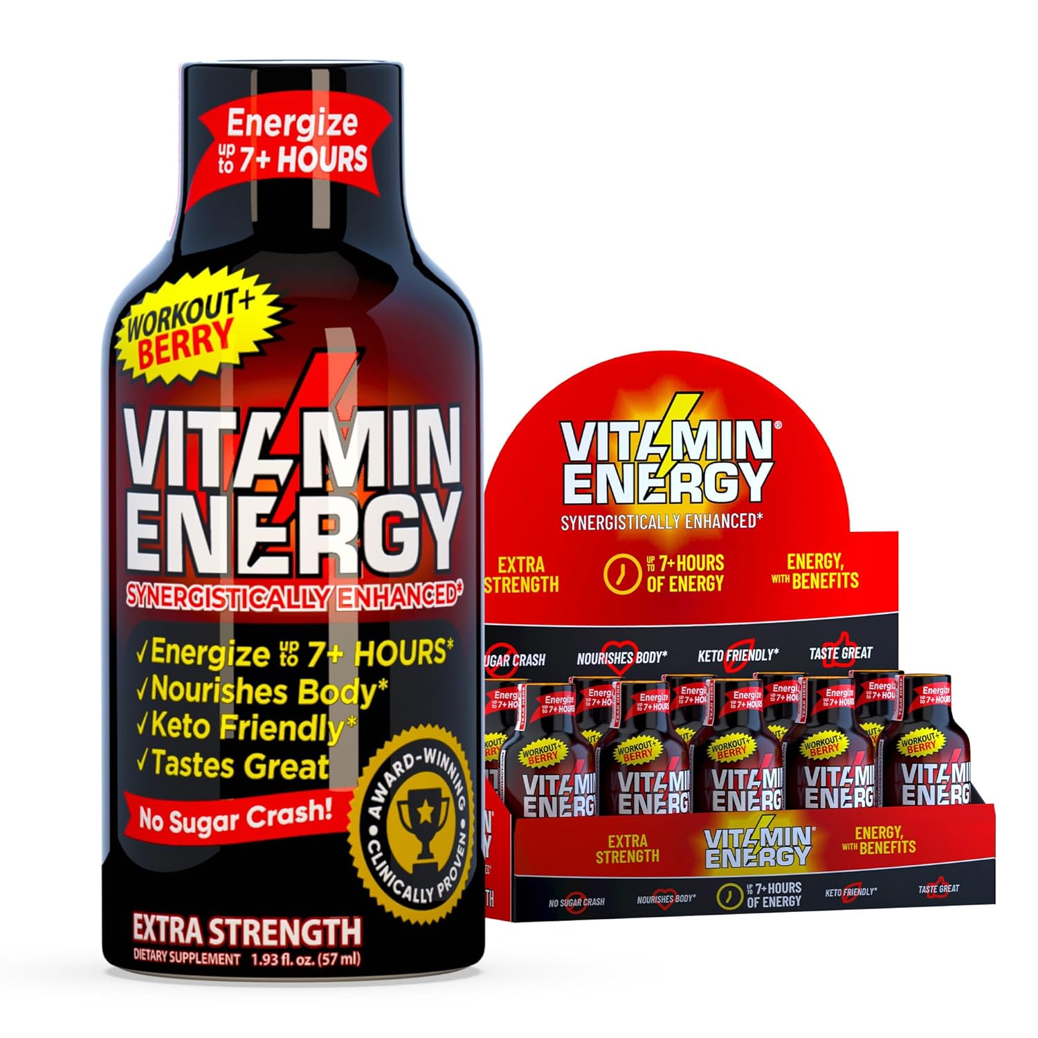 Vitamin Energy Workout+ Extra Strength Energy Shot Berry 10 Pack, 260mg Natural Caffeine, Pre-Workout, B-Vitamins, Minerals, Endurance & Performance, Zero Sugar, Gluten-Free, Vegan, 1.93 fl oz