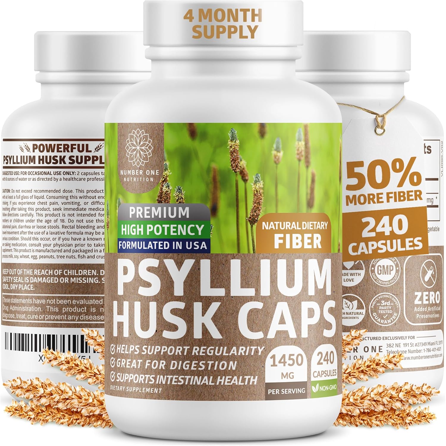 N1N Premium Psyllium Husk Capsules [All Natural,1450 MG] Powerful Soluble Fiber Supplement to Support Regularity and Digestive Health, 240 Caps