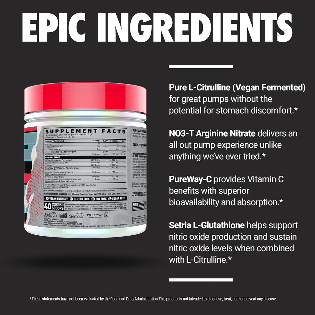 GHOST Pump Nitric Oxide Powder, Natty - 40 Servings - Sugar & Stim-Free Pre-Workout Supplements - L-Citrulline, Arginine Nitrate & L-Glutathione - Soy & Gluten-Free, Vegan