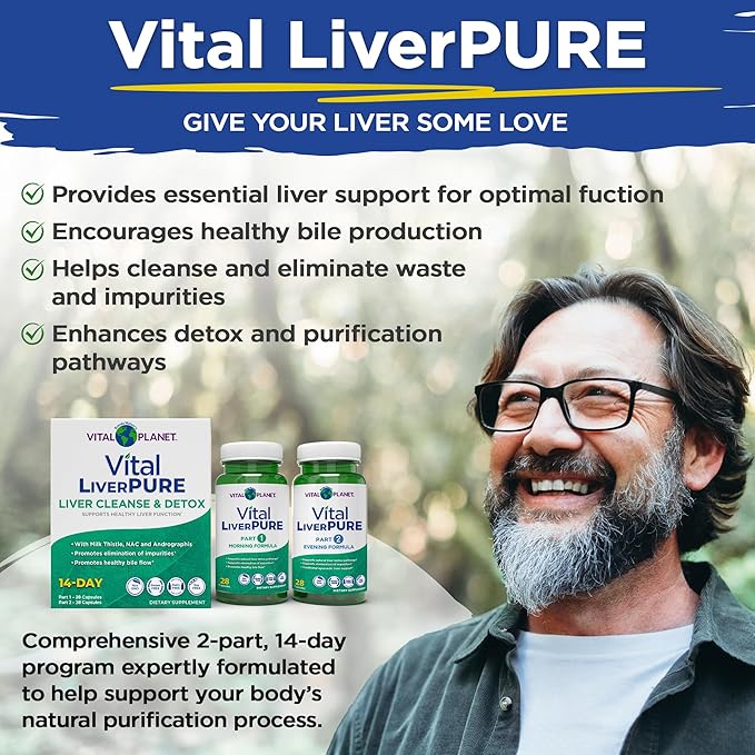 Vital Planet – Vital Liver Pure Liver Cleanse Detox & Repair with Milk Thistle, NAC Supplement N-Acetyl Cysteine, Andrographis, Dandelion, Turmeric, Alpha Lipoic Acid, 2-Part 14-Day Kit, 56 Capsules