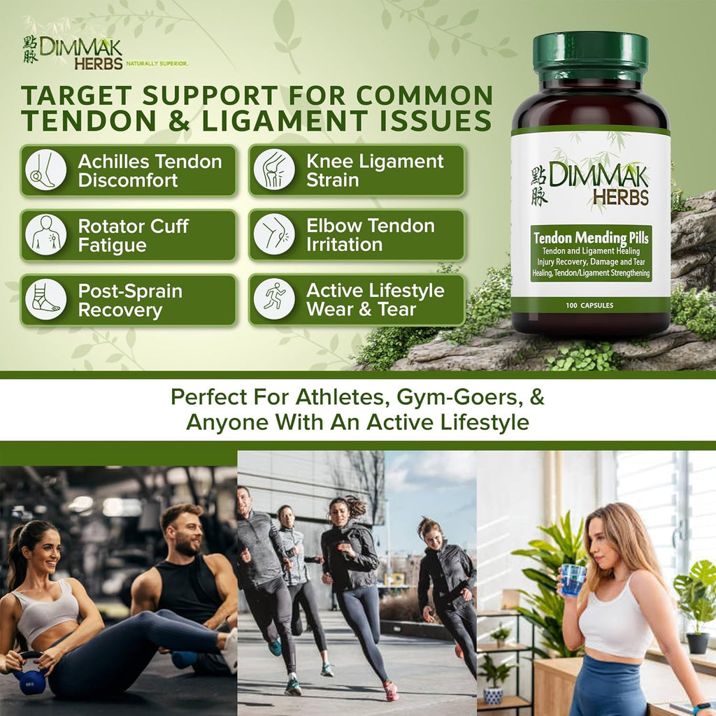 Certified Organic Tendon Mending Pills: Tendon and Ligament Regeneration and Repair. Chronic or Acute by Dimmak Herbs - 100 Caps 500mg