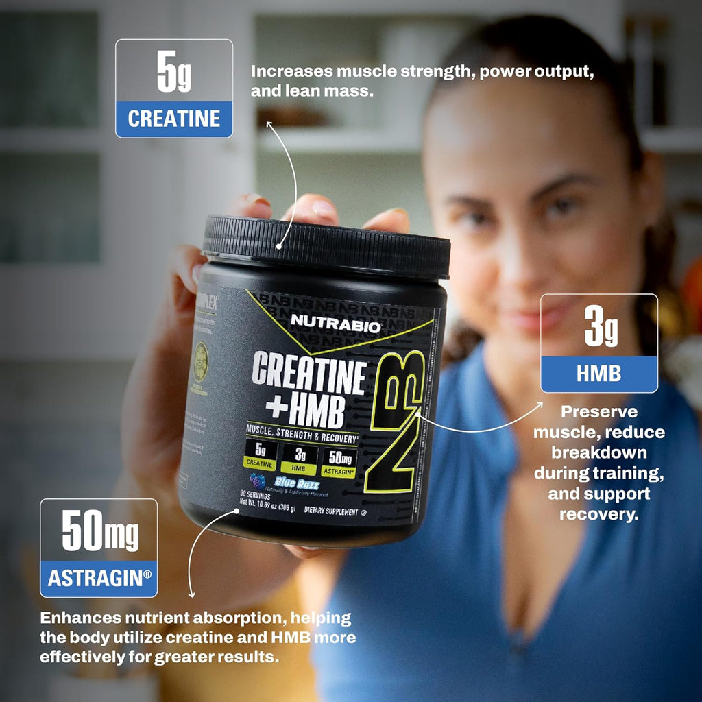 NutraBio Creatine + HMB- Creatine Monohydrate with HMB Powder for Muscle Growth, Increased Strength- 30 Servings (Blue Razz)