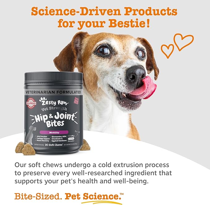 Zesty Paws Vet Strength Mobility Bites Beef & Bacon Flavor Hip & Joint Support Chews for Dogs with Glucosamine, Chondroitin, MSM, Hyaluronic Acid & Serrazimes - 90 Count