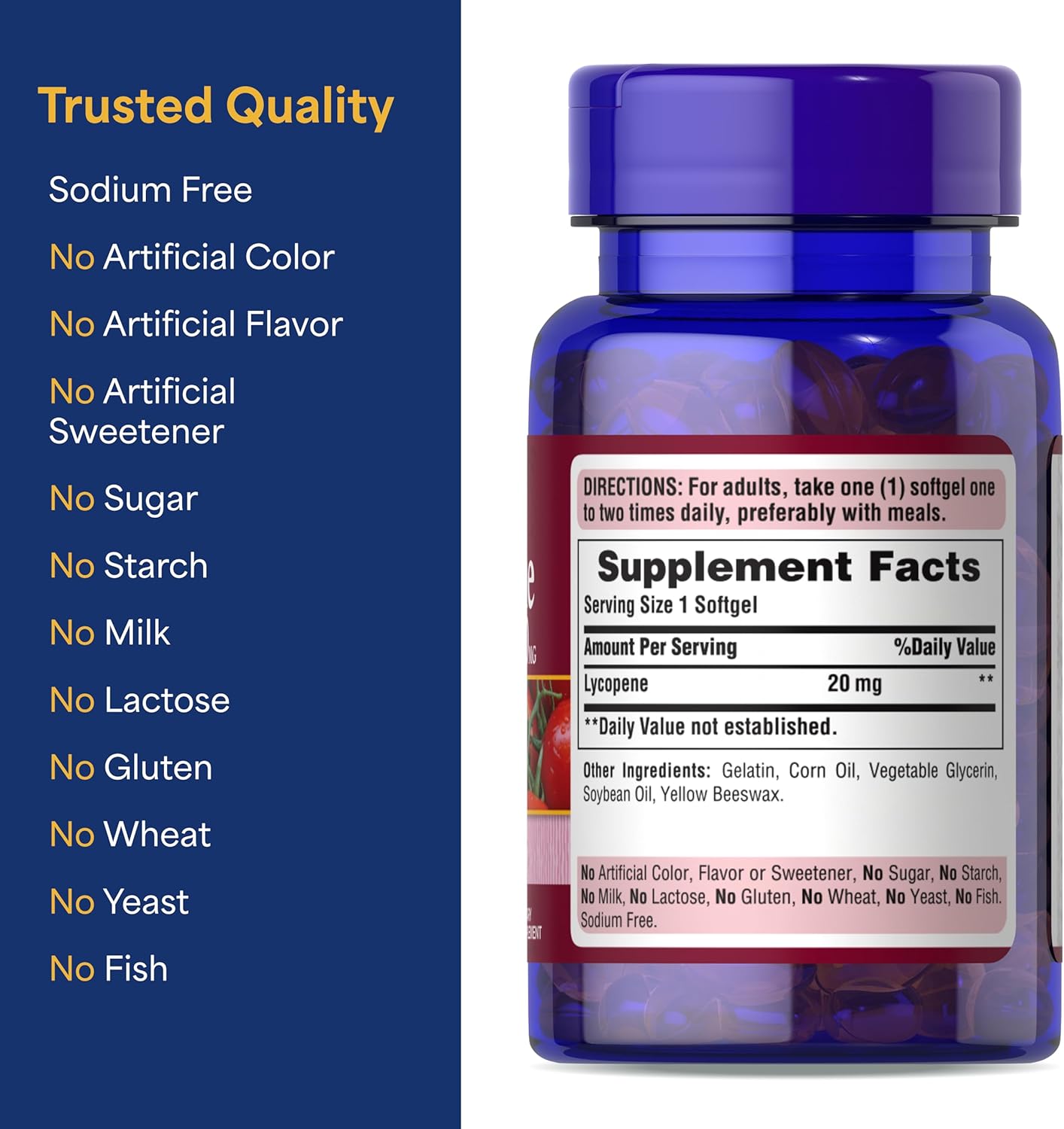 Puritan's Pride Premium Lycopene 20mg, Dietary Supplement for Prostate, Antioxidant, Heart Health, and Overall Health Support, 1 Month Supply, 60 Rapid Release Softgels