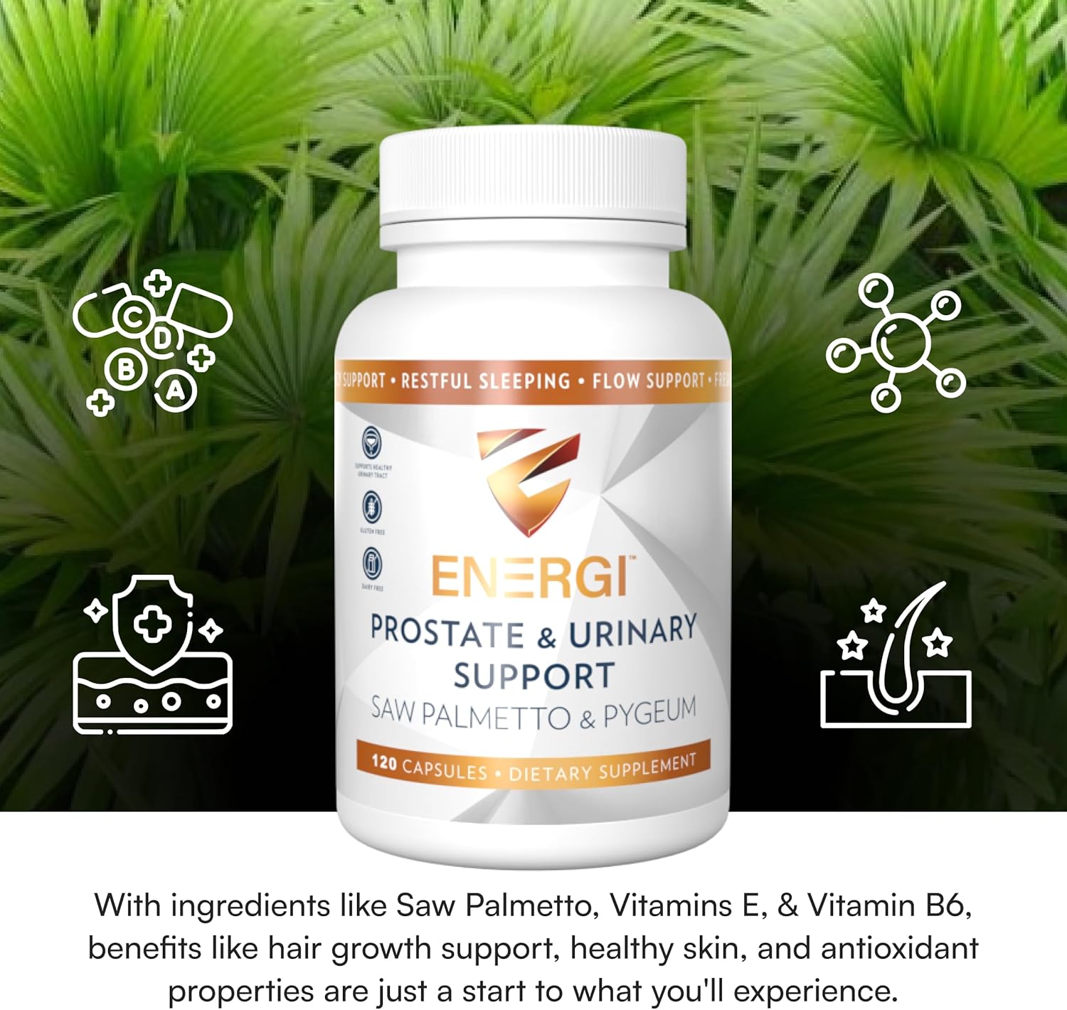 ENERGI Prostate Support Supplement with Saw Palmetto for Men & Women, 200mg Saw Palmetto, 100mg Pygeum Supplement, Pumpkin Seed, Prostate Health Supplements, 120 Capsules