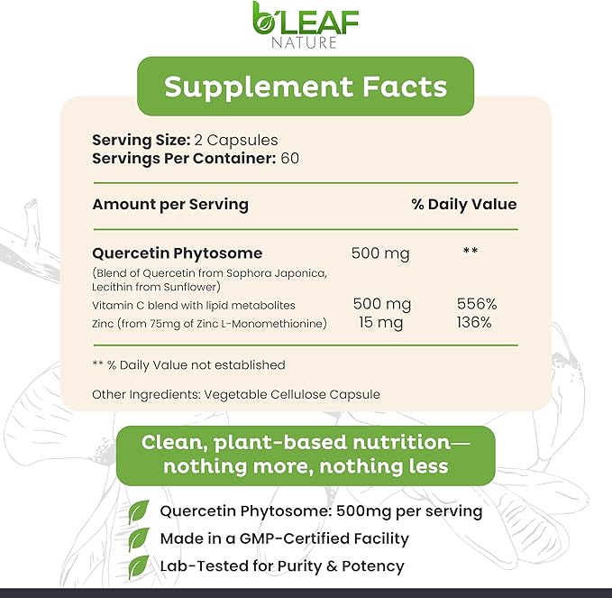 B'LEAF NATURE Quercetin Phytosome, 120 Capsules – 1000mg High Absorption Quercetin with Vitamin C and Zinc – Non-GMO Vegetarian Quercetin Supplement for Immune, Energy and Seasonal Support