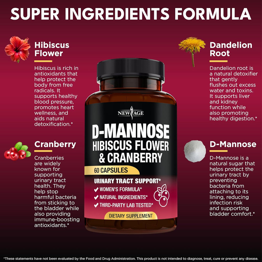 D-Mannose with Cranberry & Hibiscus - High Strength for Urinary Tract Health - Supplement for Women - Bladder, Liver & Microflora Support - Made in USA - Vegan, 60 Capsules