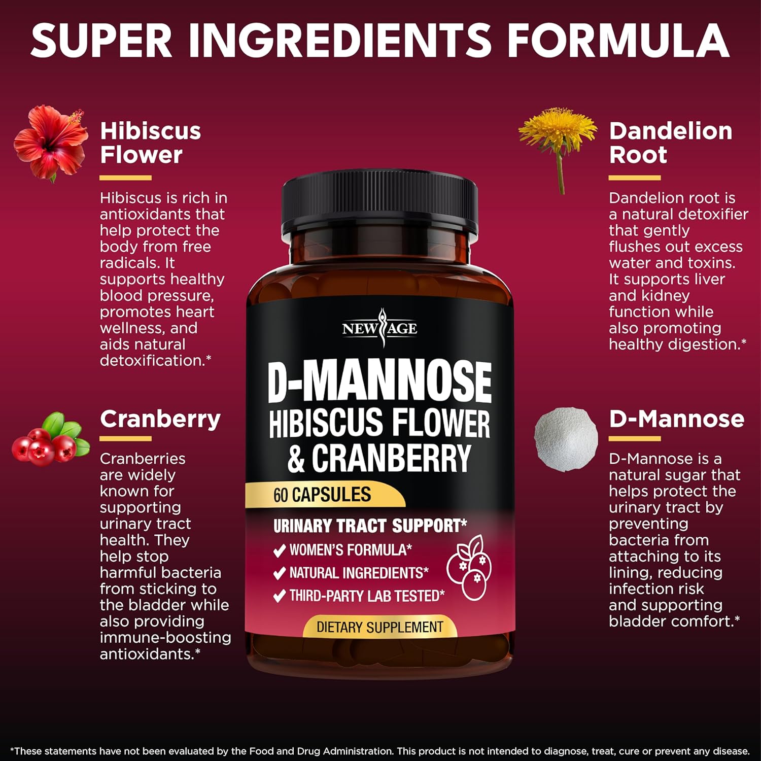 D-Mannose with Cranberry & Hibiscus - High Strength for Urinary Tract Health - Supplement for Women - Bladder, Liver & Microflora Support - Made in USA - Vegan, 60 Capsules