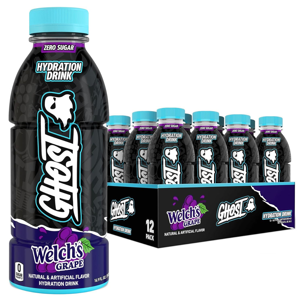 GHOST Hydration Drink, Welch’s Grape - RTD Sports Drink with Electrolytes, Natural Vitamins & Minerals - All Day Lifestyle Hydration Beverage - Zero Caffeine & Zero Sugars - 16.9 Fl Oz, 12 Pack