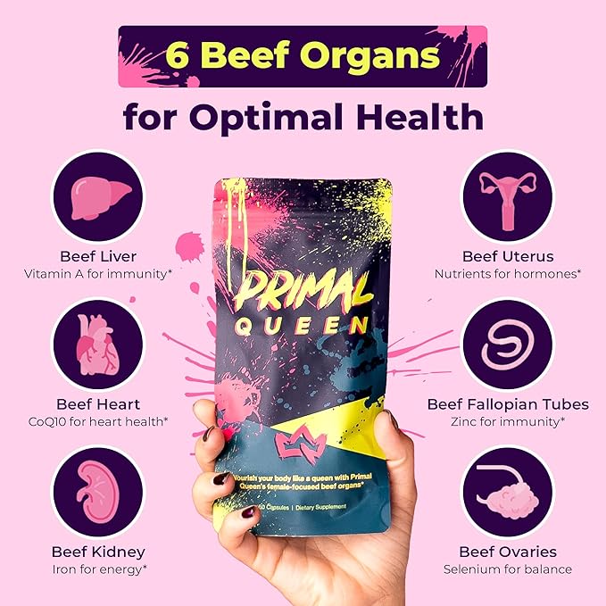 Primal Queen Female-Optimized Beef Organ Superfood Supplement (Beef Liver, Kidney, Heart, & 3 More) - 100% Grass Fed, Pasture Raised Cattle - Balance Hormones, Energy, & More for Women (Pack of 3)