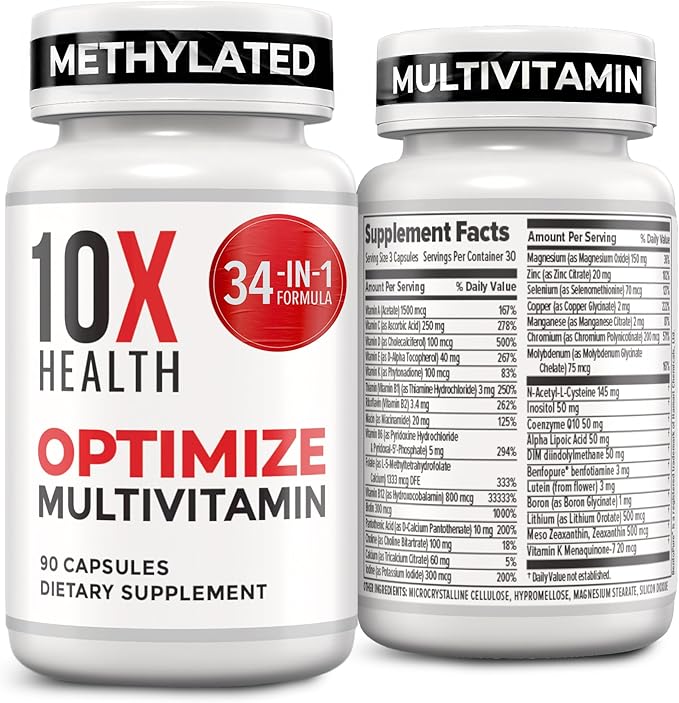 10X Health Optimize Multivitamin for Men - 90 Capsules, Methylated Multivitamin 34 in 1 Formula with 800 mcg of Vitamin B12, 5-MTHF, NAC - Methyl B Complex