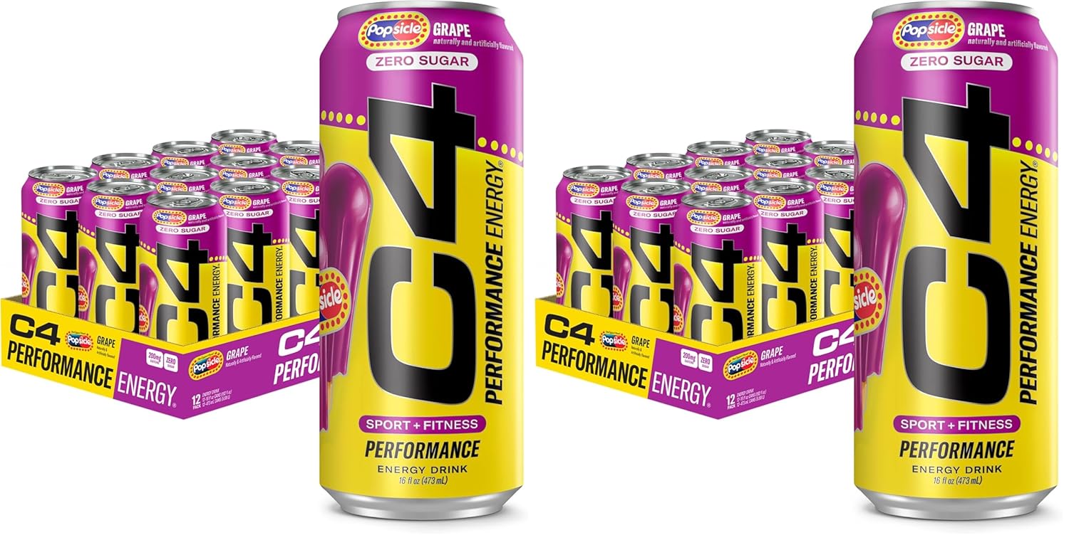 Cellucor C4 Energy Drink x Grape Popsicle, Carbonated Sugar Free Pre Workout Performance Drink with no Artificial Colors or Dyes, 16 Oz, Pack of 24