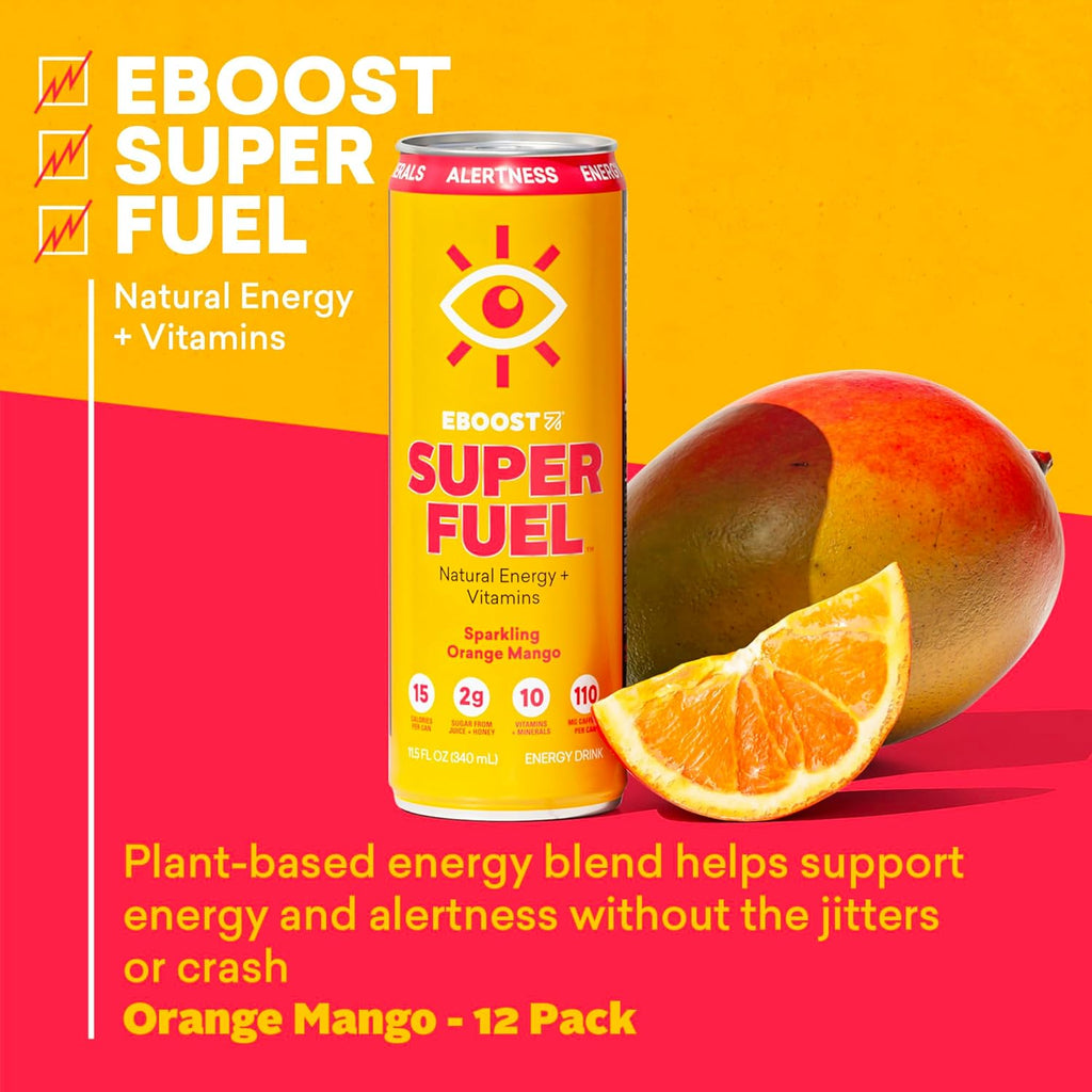EBOOST Super Fuel Healthy Energy Drink - Caffeine from Natural & Clean Ingredients For Focus and Productivity -Taurine Free Pre-Workout With Electrolytes, Nootropic & Vitamins - Orange Mango, 12 Pack