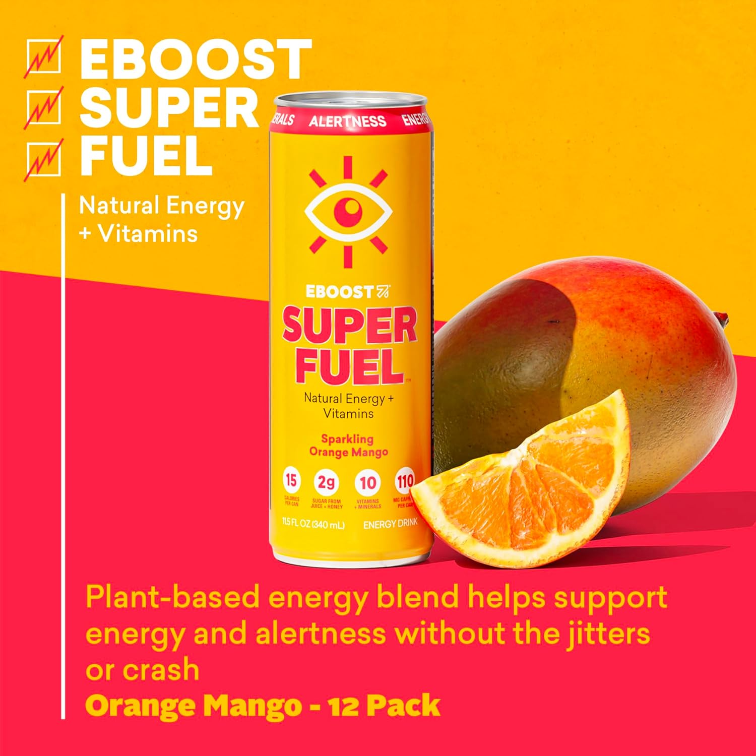 EBOOST Super Fuel Healthy Energy Drink - Caffeine from Natural & Clean Ingredients For Focus and Productivity -Taurine Free Pre-Workout With Electrolytes, Nootropic & Vitamins - Orange Mango, 12 Pack